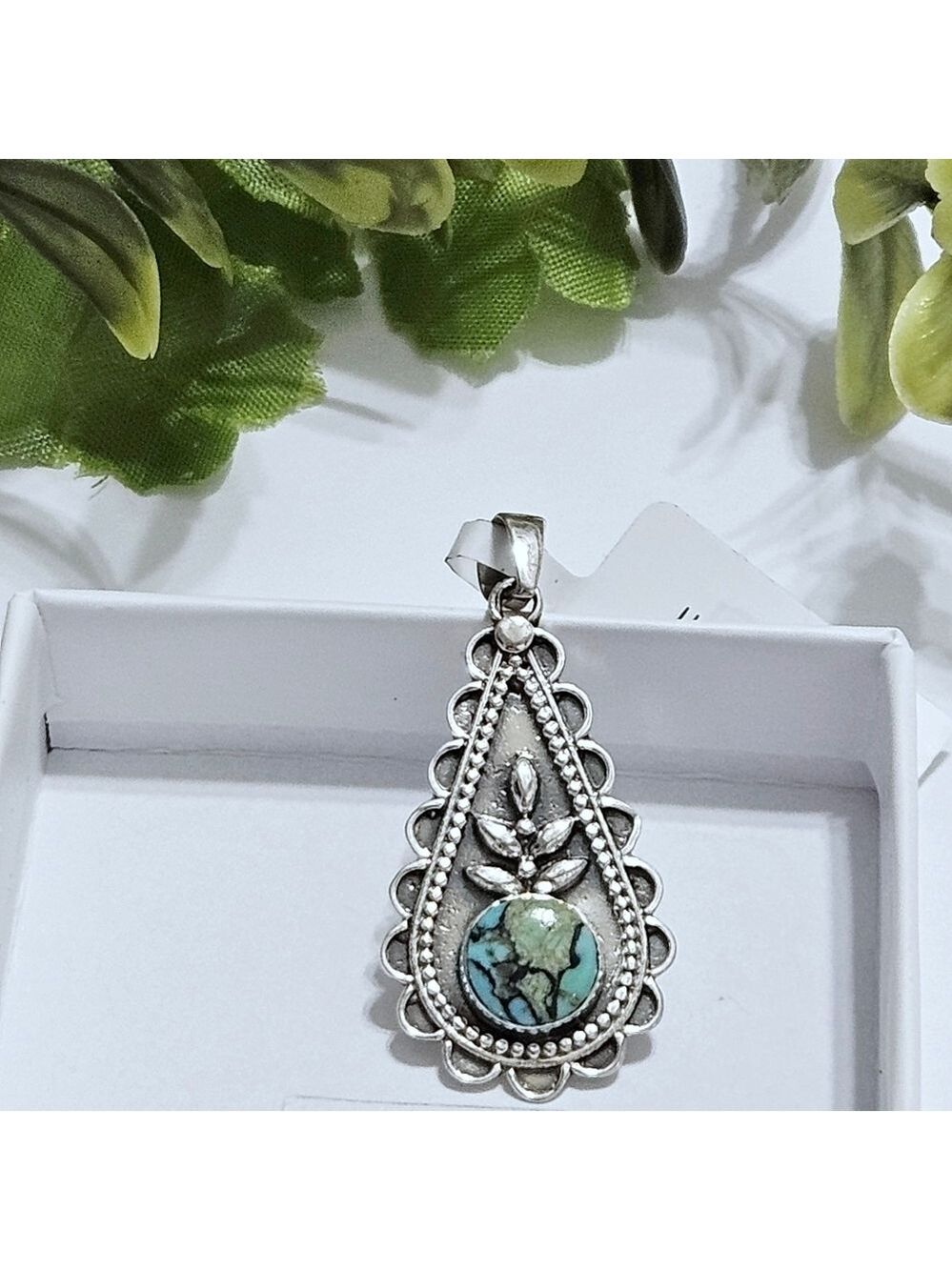 Genuine Turquoise Sterling Silver Teardrop Pendant